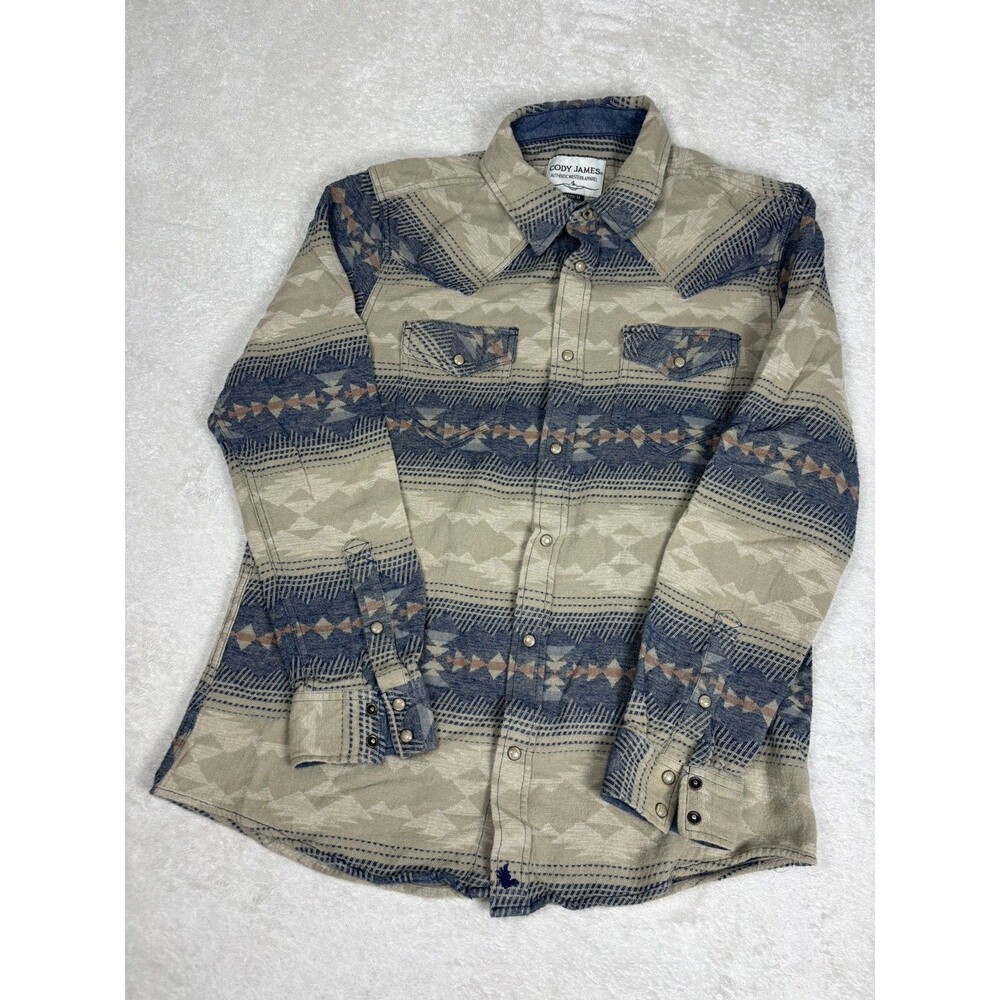 Cody James Men’s Medium Aztec Print Western Pearl Snap Shirt Blue Tan arrow bear
